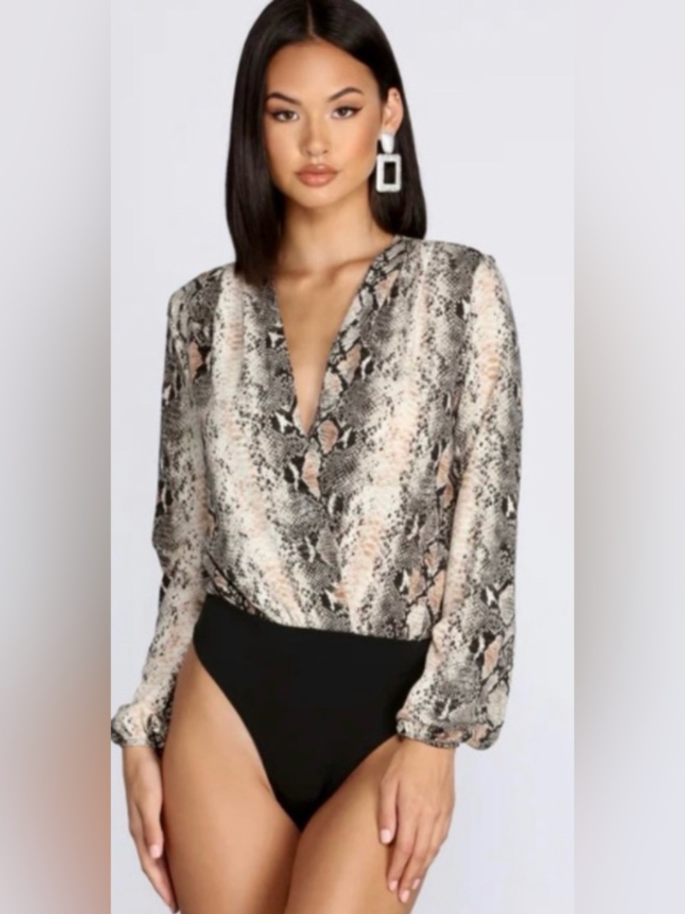 Ee: some Snake Print Wrap Bodysuit Top - Black, Brown, Gray